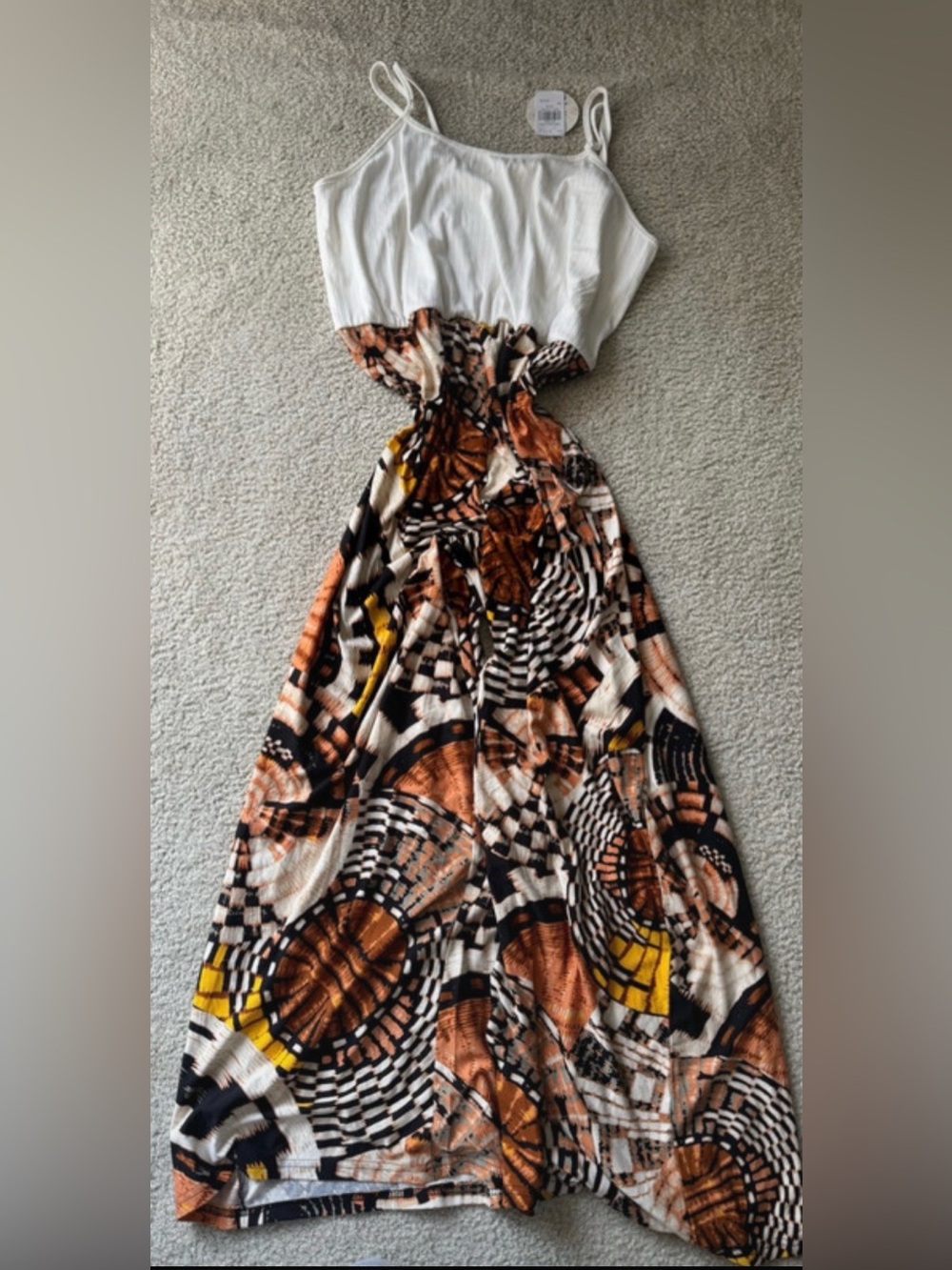Jolie White & Brown Geometric Print Maxi Jumpsuit with Yellow Accents y2k flare